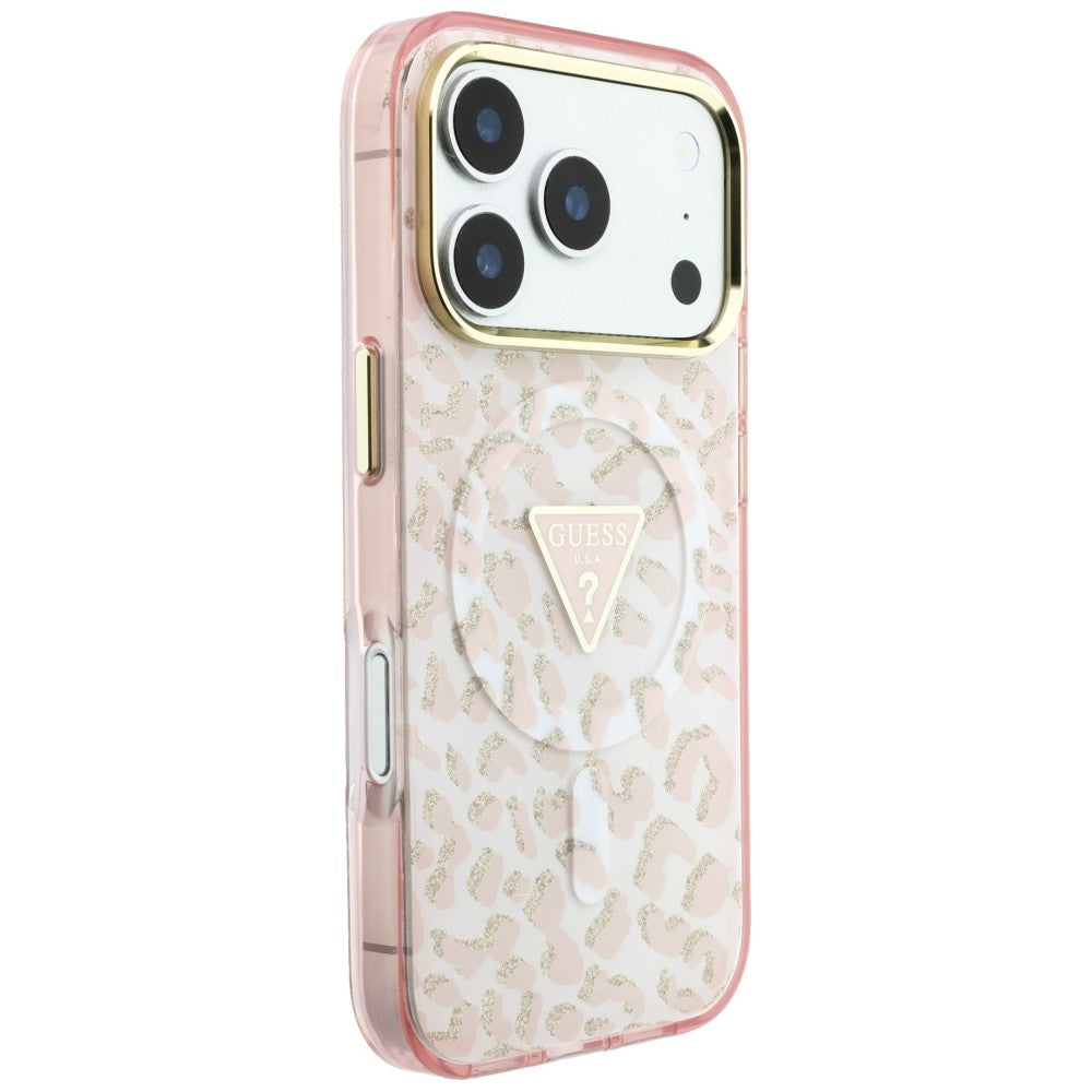 MagSafe-hoesje voor Apple iPhone 18 Pro Max / 17 Pro Max, Guess, Leopard Glitter Driehoek Logo, Roze