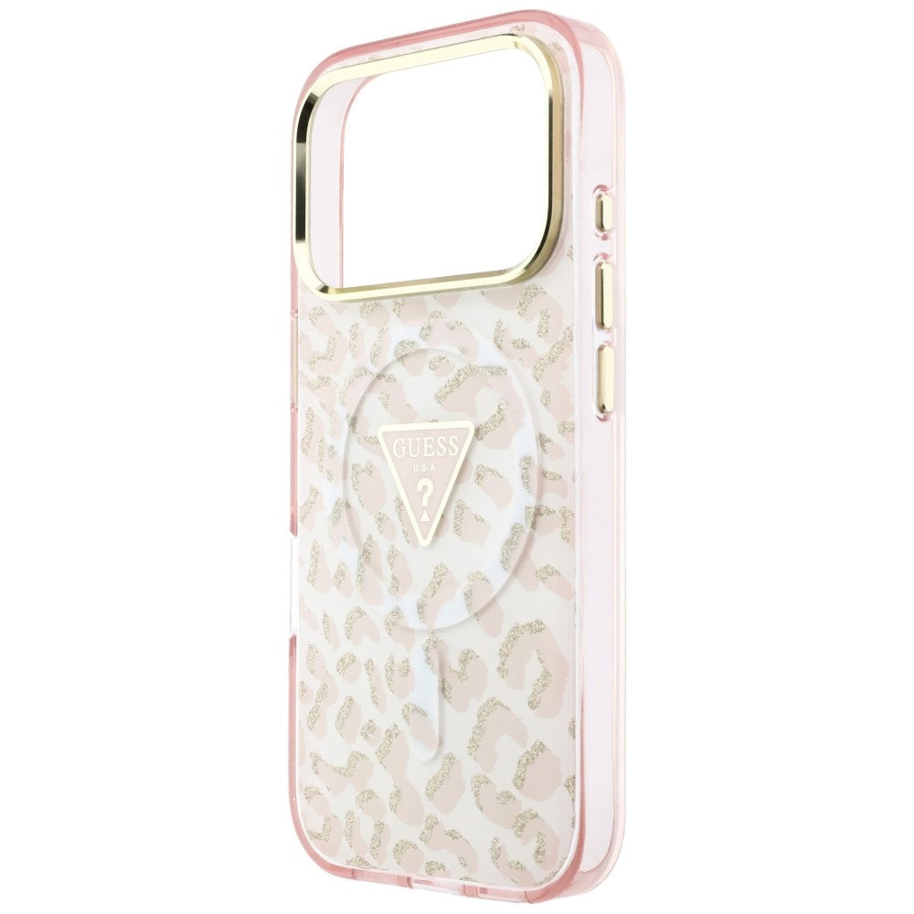 MagSafe-hoesje voor Apple iPhone 18 Pro Max / 17 Pro Max, Guess, Leopard Glitter Driehoek Logo, Roze