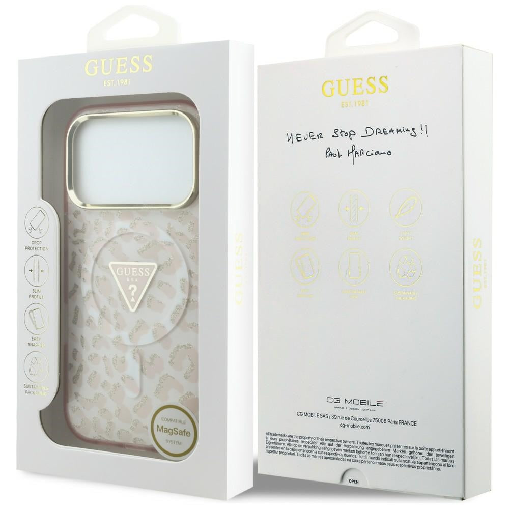 MagSafe-hoesje voor Apple iPhone 18 Pro Max / 17 Pro Max, Guess, Leopard Glitter Driehoek Logo, Roze