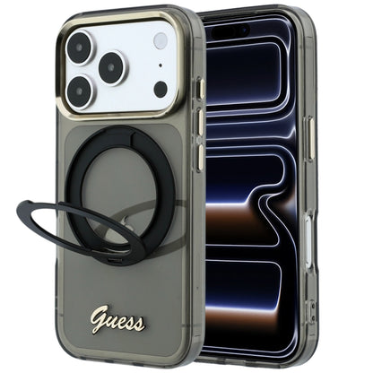 MagSafe-hoesje voor Apple iPhone 18 Pro Max / 17 Pro Max, Guess, Ring Stand Script Metaallogo, Zwart