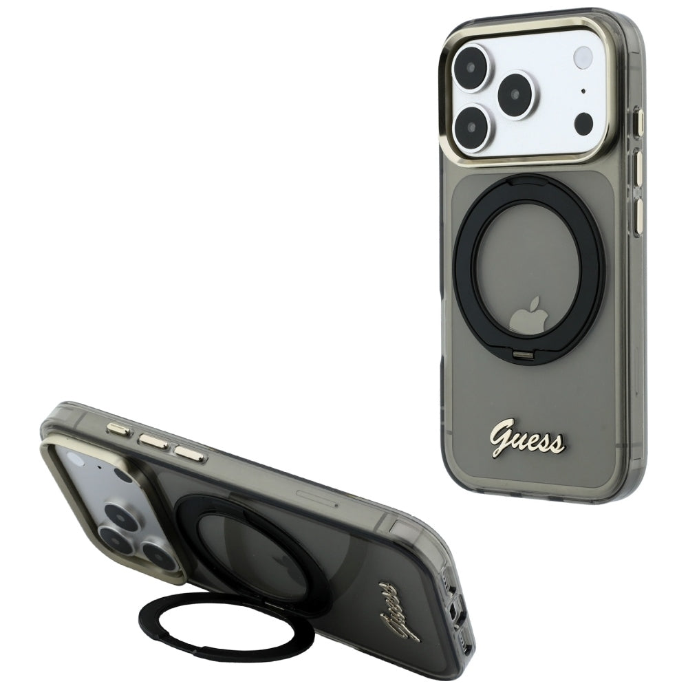 MagSafe-hoesje voor Apple iPhone 18 Pro Max / 17 Pro Max, Guess, Ring Stand Script Metaallogo, Zwart