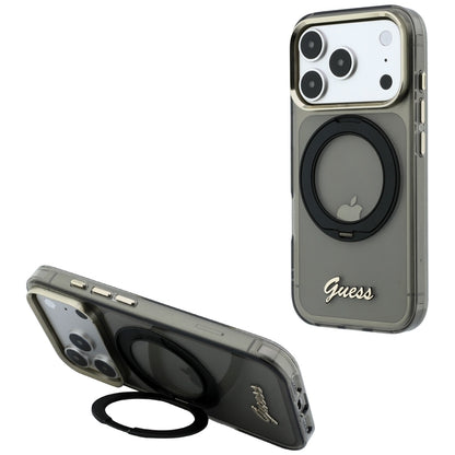 MagSafe-hoesje voor Apple iPhone 18 Pro Max / 17 Pro Max, Guess, Ring Stand Script Metaallogo, Zwart