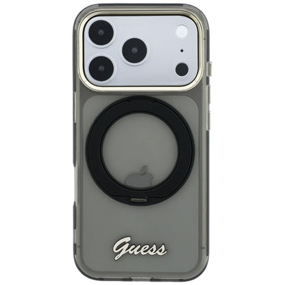 MagSafe-hoesje voor Apple iPhone 18 Pro Max / 17 Pro Max, Guess, Ring Stand Script Metaallogo, Zwart