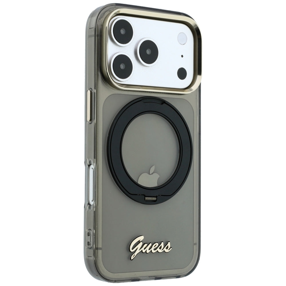 MagSafe-hoesje voor Apple iPhone 18 Pro Max / 17 Pro Max, Guess, Ring Stand Script Metaallogo, Zwart