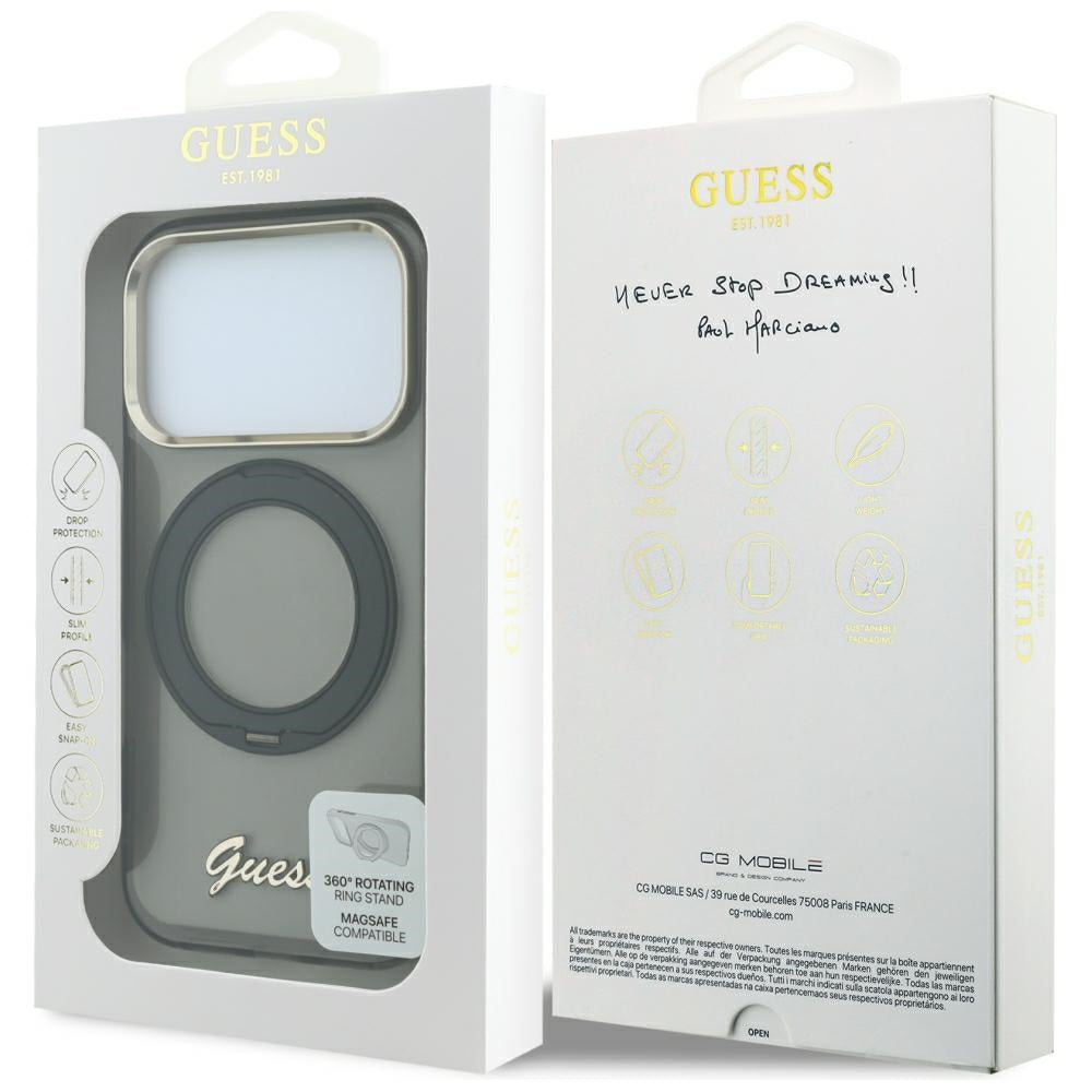 MagSafe-hoesje voor Apple iPhone 18 Pro Max / 17 Pro Max, Guess, Ring Stand Script Metaallogo, Zwart