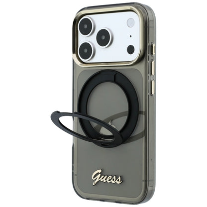 MagSafe-hoesje voor Apple iPhone 18 Pro Max / 17 Pro Max, Guess, Ring Stand Script Metaallogo, Zwart