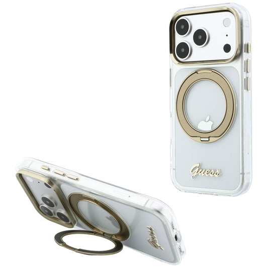 MagSafe-hoes voor Apple iPhone 18 Pro Max / 17 Pro Max, Guess, Ring Stand Script Metaallogo, Transparant