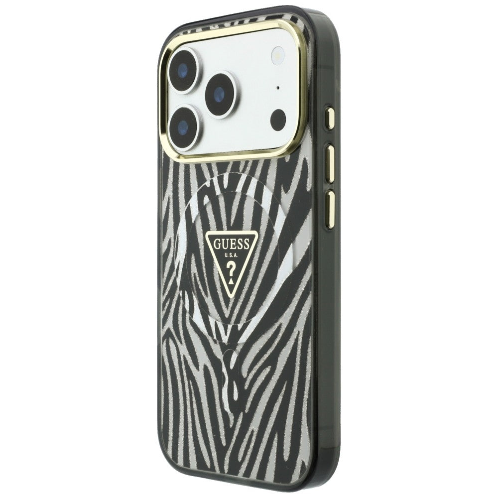 MagSafe-hoes voor Apple iPhone 18 Pro Max / 17 Pro Max, Guess, Zebra Glitter Driehoek Logo, Zilver