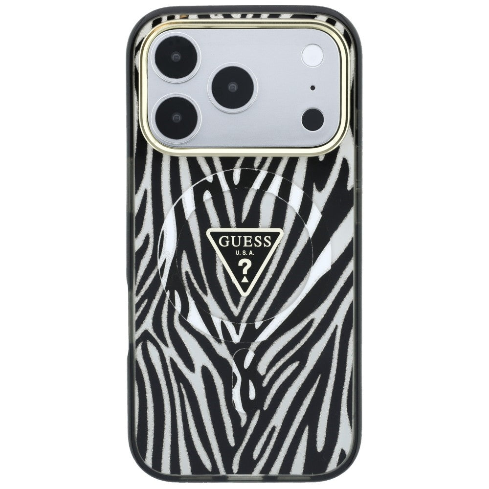 MagSafe-hoes voor Apple iPhone 18 Pro Max / 17 Pro Max, Guess, Zebra Glitter Driehoek Logo, Zilver