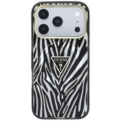 MagSafe-hoes voor Apple iPhone 18 Pro Max / 17 Pro Max, Guess, Zebra Glitter Driehoek Logo, Zilver