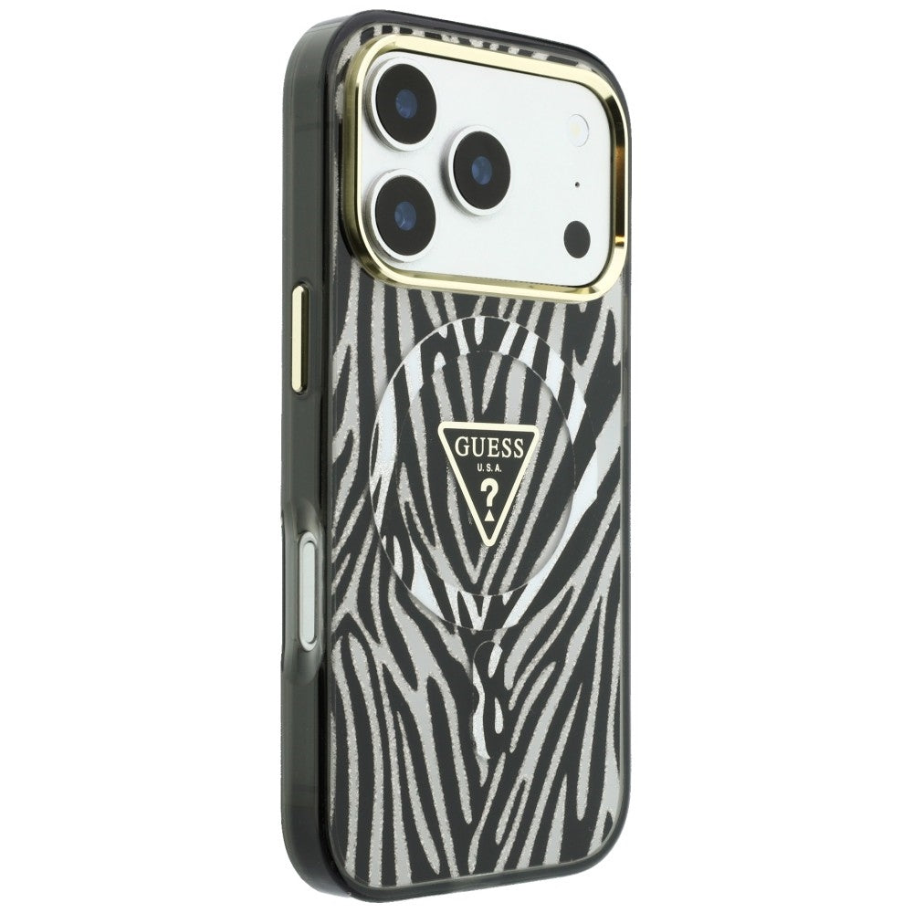 MagSafe-hoes voor Apple iPhone 18 Pro Max / 17 Pro Max, Guess, Zebra Glitter Driehoek Logo, Zilver