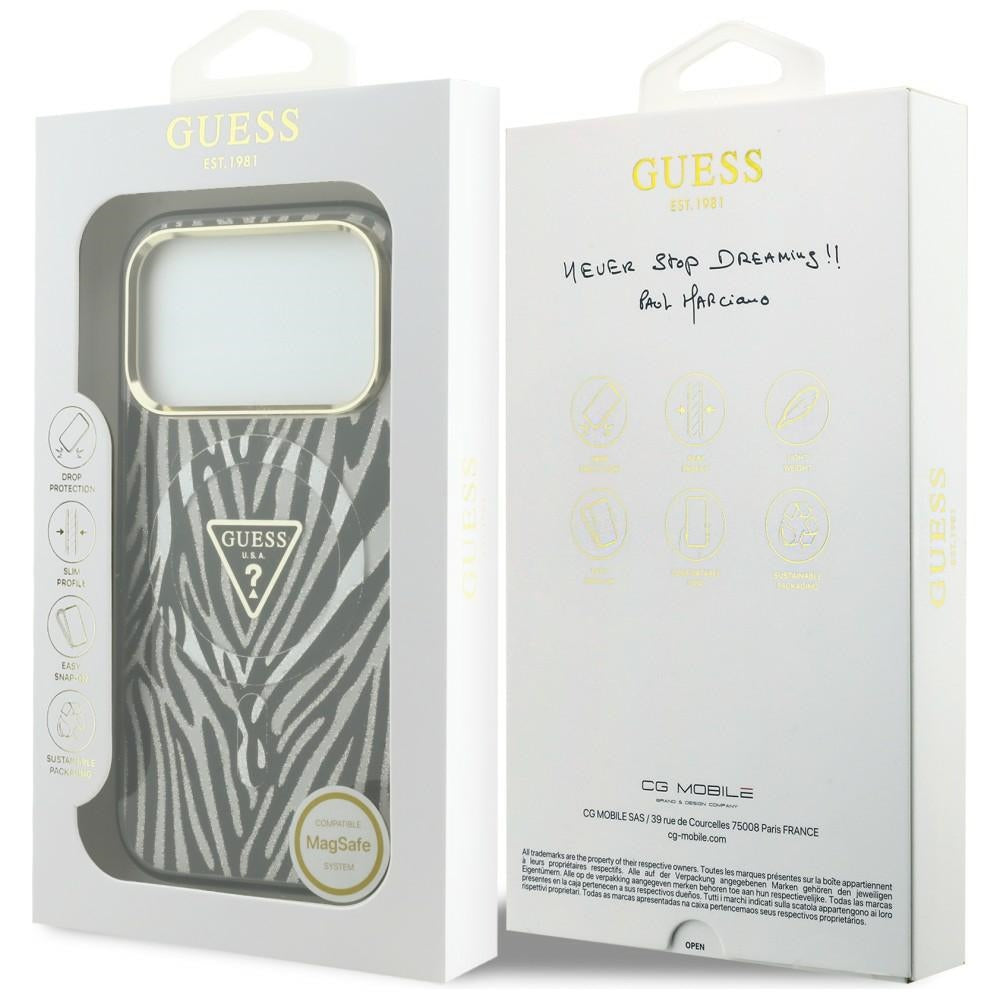 MagSafe-hoes voor Apple iPhone 18 Pro Max / 17 Pro Max, Guess, Zebra Glitter Driehoek Logo, Zilver