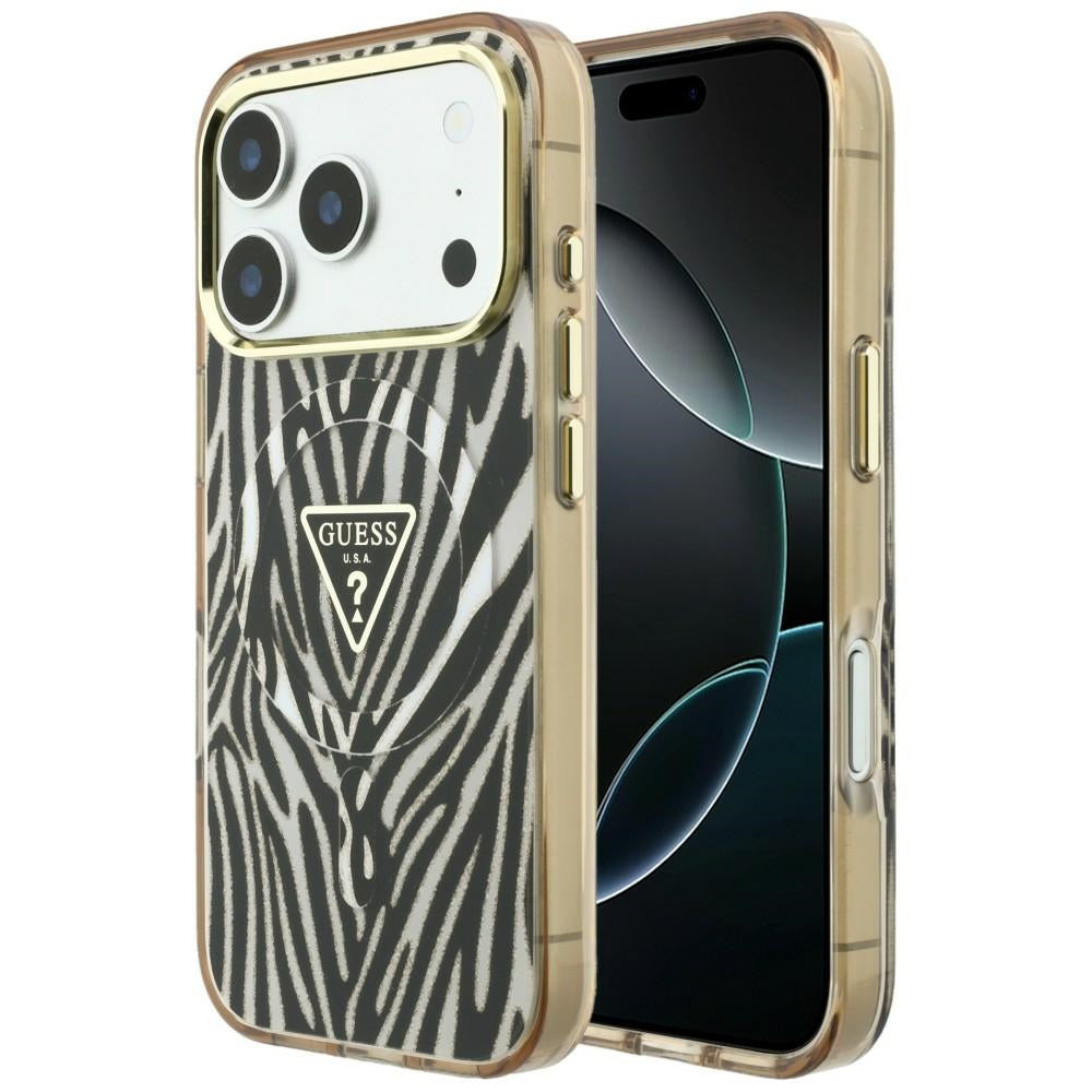 MagSafe-hoesje voor Apple iPhone 18 Pro Max / 17 Pro Max, Guess, Zebra Glitter Driehoek Logo, Goud