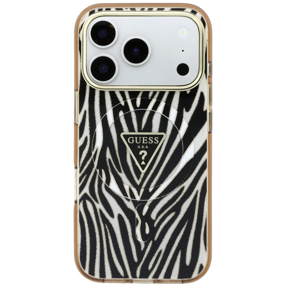 MagSafe-hoesje voor Apple iPhone 18 Pro Max / 17 Pro Max, Guess, Zebra Glitter Driehoek Logo, Goud