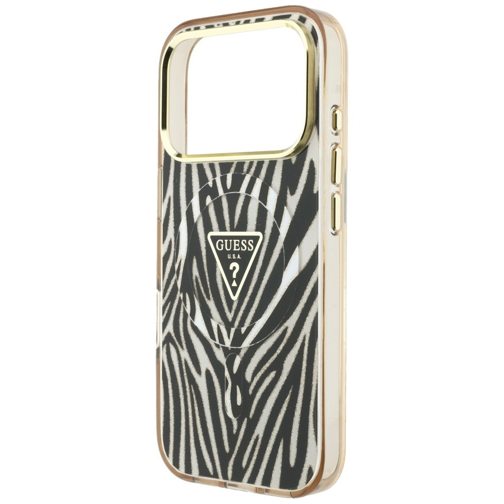 MagSafe-hoesje voor Apple iPhone 18 Pro Max / 17 Pro Max, Guess, Zebra Glitter Driehoek Logo, Goud