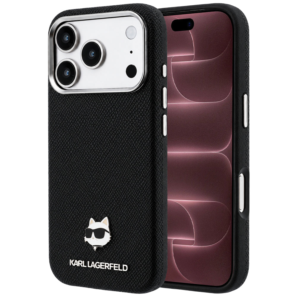 MagSafe-hoesje voor Apple iPhone 18 Pro Max / 17 Pro Max, Karl Lagerfeld, Grained Choupette Head Metal, zwart