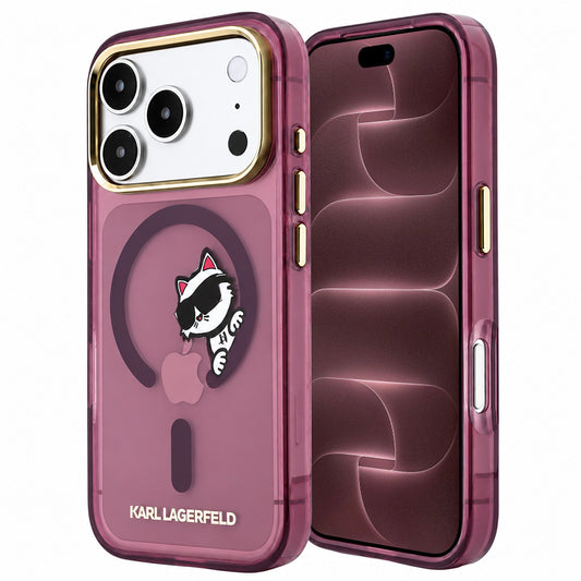 MagSafe-hoes voor Apple iPhone 18 Pro Max / 17 Pro Max, Karl Lagerfeld, IML Peekaboo Print en metalen frame, bordeauxrood