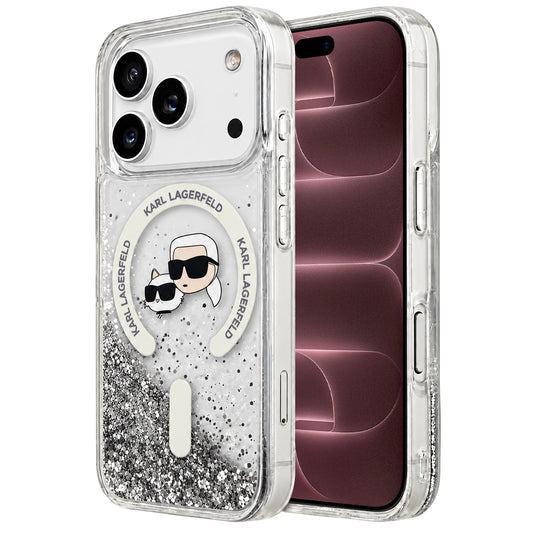 MagSafe-hoesje voor Apple iPhone 18 Pro Max / 17 Pro Max, Karl Lagerfeld, Liquid Glitter Karl & Choupette Head's, Transparant