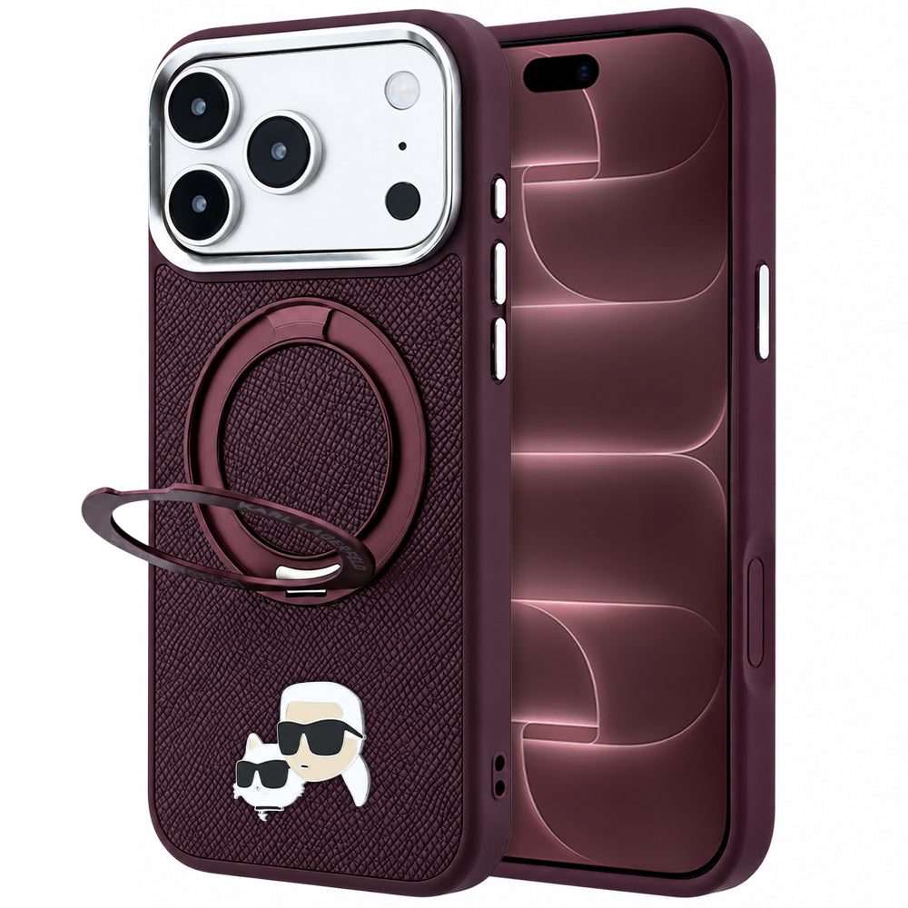 MagSafe-hoesje voor Apple iPhone 18 Pro Max / 17 Pro Max, Karl Lagerfeld, Ring Stand 360 Karl & Choupette Pin, bordeauxrood