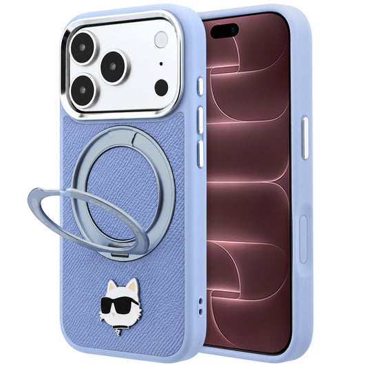 MagSafe-hoes voor Apple iPhone 18 Pro Max / 17 Pro Max, Karl Lagerfeld, Saffiano Ring Stand 360 Choupette Pin, Blauw