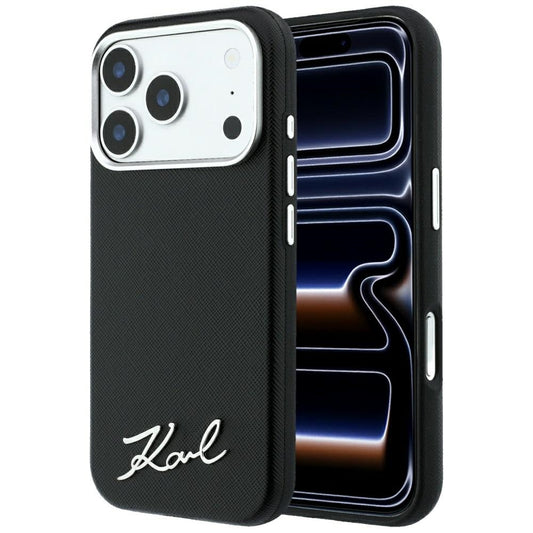 MagSafe-hoesje voor Apple iPhone 18 Pro Max / 17 Pro Max, Karl Lagerfeld, Saffiano Small Script Metal Logo, Zwart