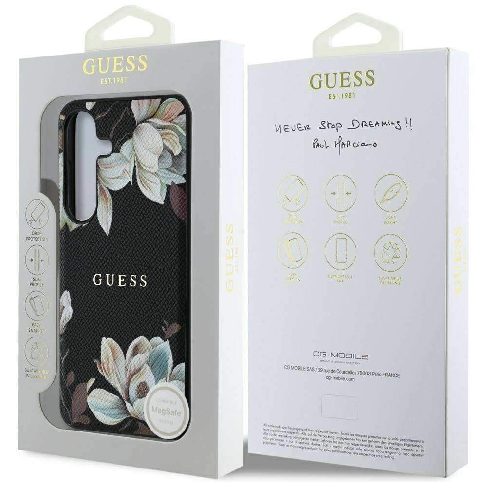 MagSafe hoes voor Samsung Galaxy S25 S931, Guess, Grained Flowers, Zwart