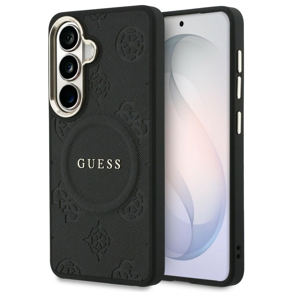 MagSafe hoesje voor Samsung Galaxy S26 S942, Guess, Saffiano Peony Embossed Ring, Zwart