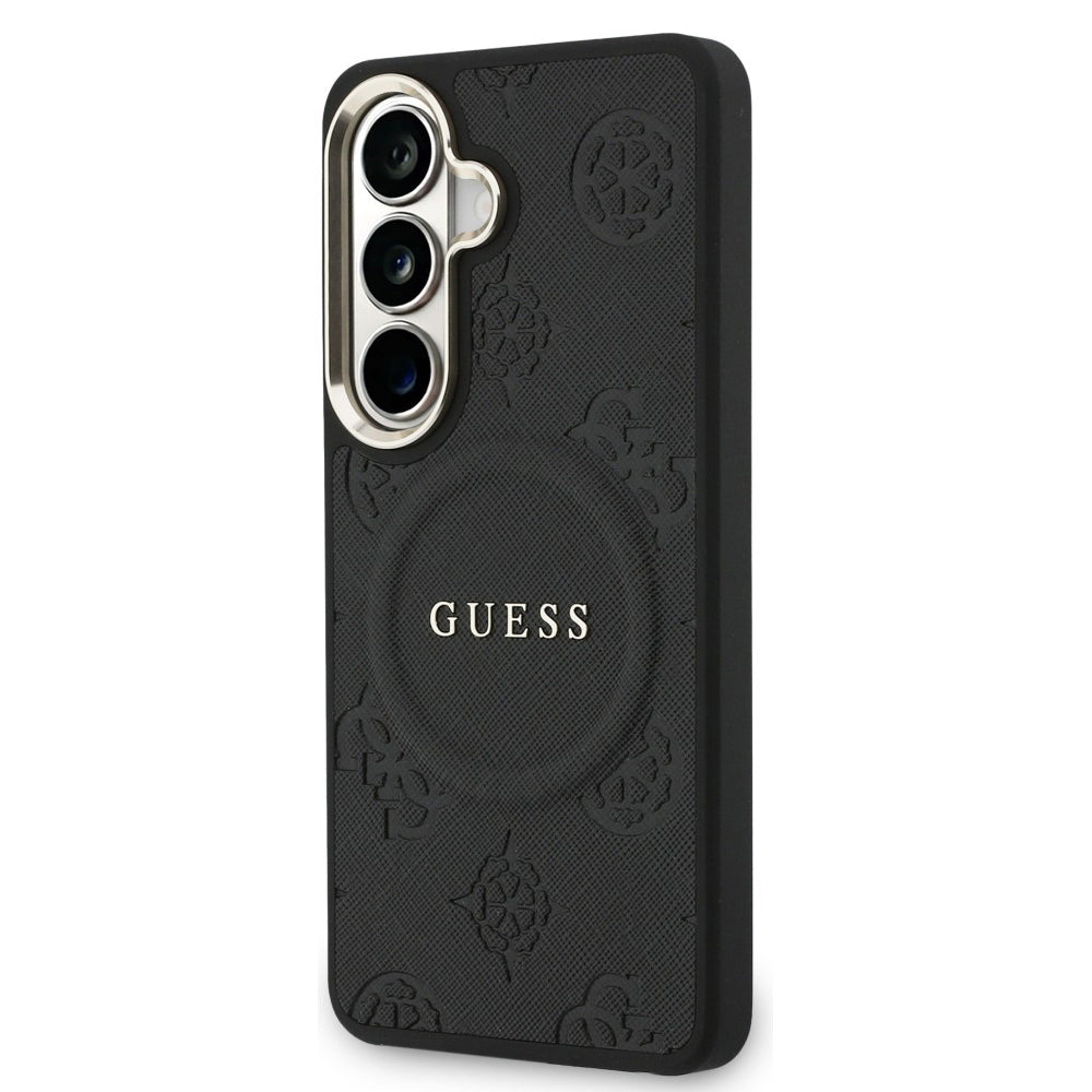 MagSafe hoesje voor Samsung Galaxy S26 S942, Guess, Saffiano Peony Embossed Ring, Zwart