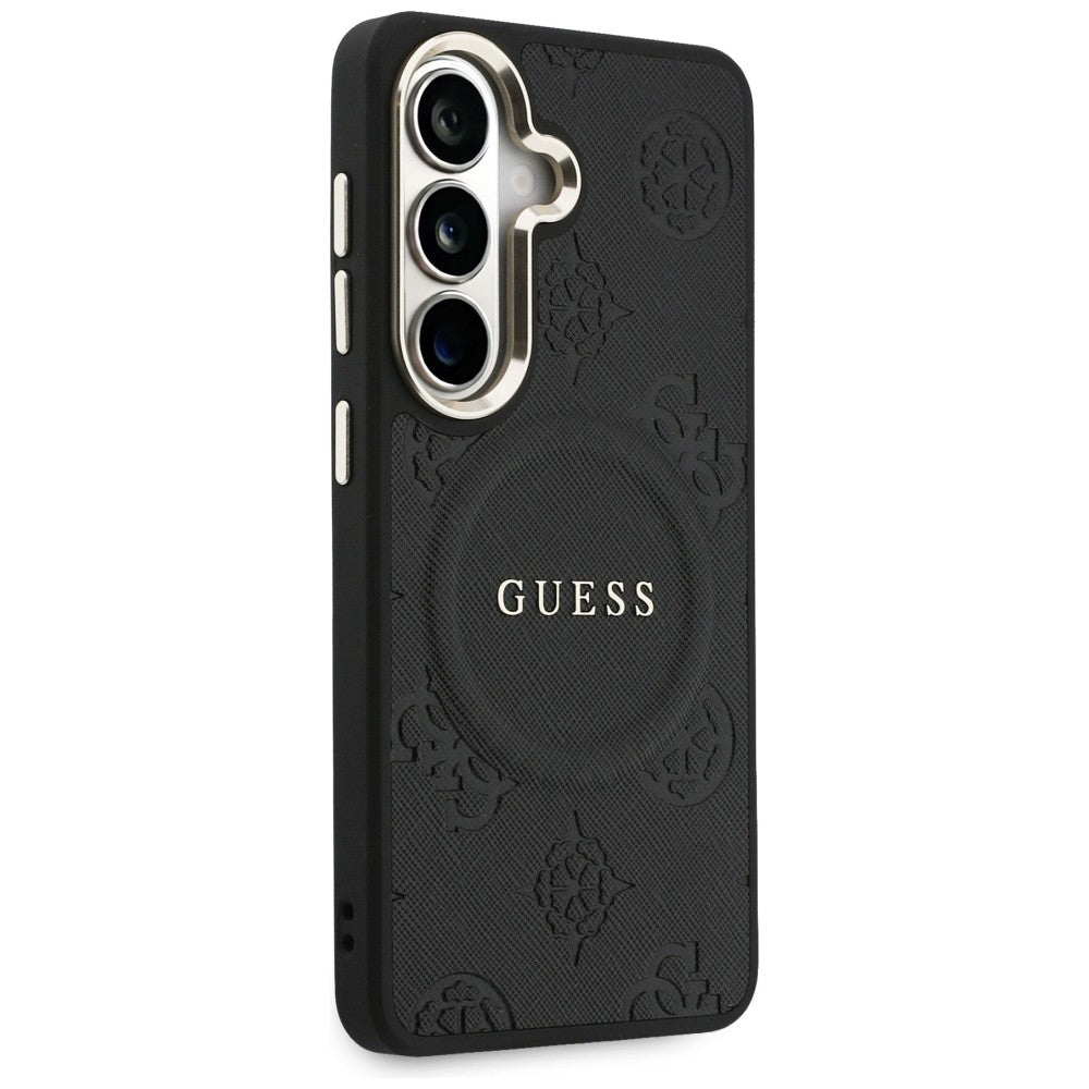 MagSafe hoesje voor Samsung Galaxy S26 S942, Guess, Saffiano Peony Embossed Ring, Zwart