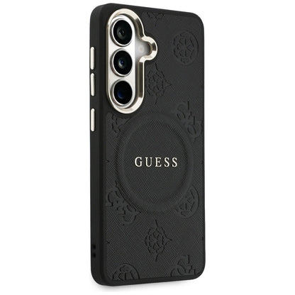 MagSafe hoesje voor Samsung Galaxy S26 S942, Guess, Saffiano Peony Embossed Ring, Zwart