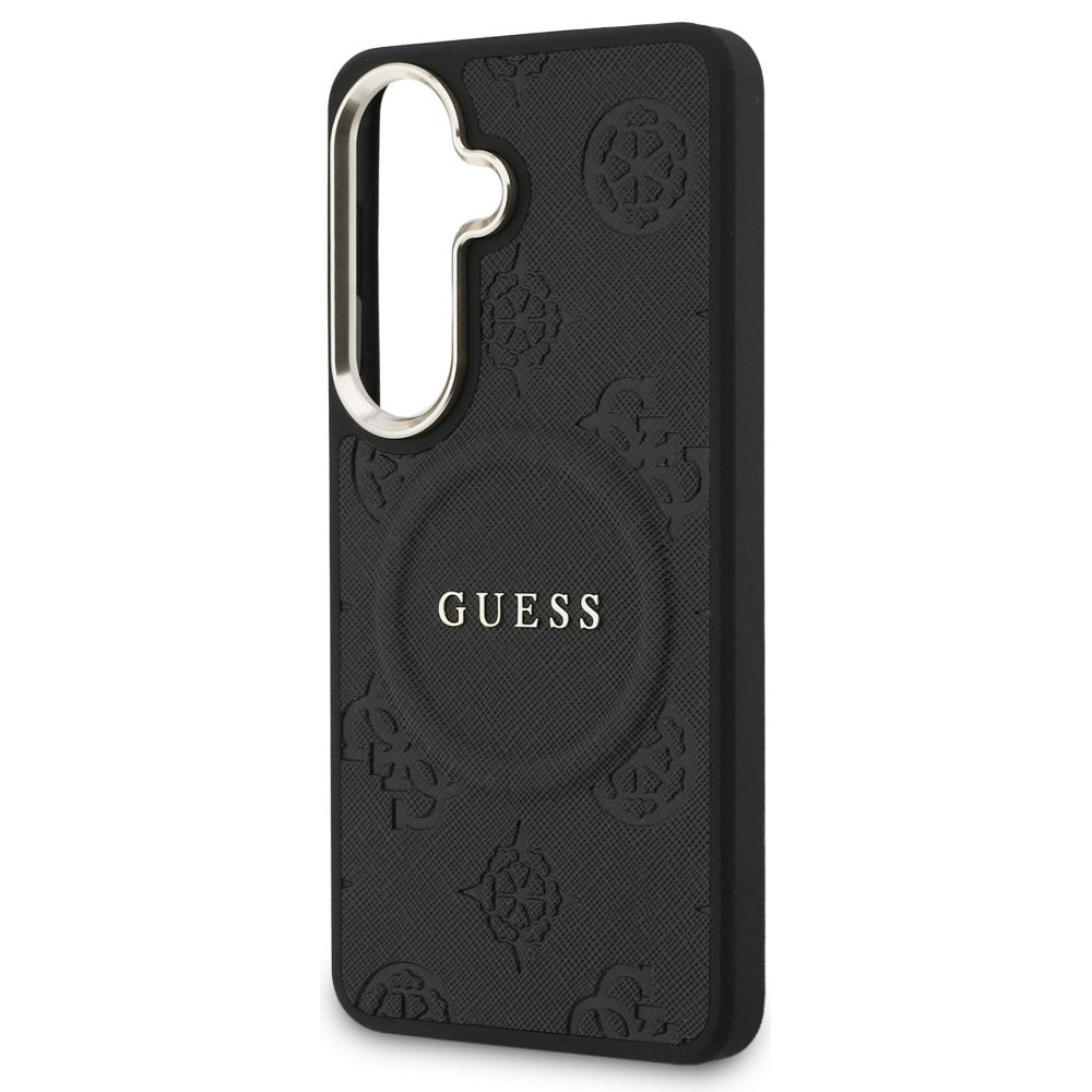 MagSafe hoesje voor Samsung Galaxy S26 S942, Guess, Saffiano Peony Embossed Ring, Zwart