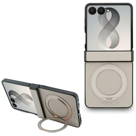 MagSafe-hoes voor Samsung Galaxy Z Flip8 F776, Guess, Ring Stand Grained Classic Logo, Beige