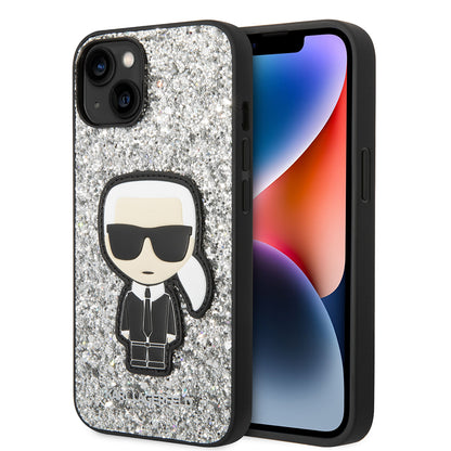 Hoes voor Apple iPhone 14, Karl Lagerfeld, Glitter Flakes Ikonik Karl, Zilverachtig