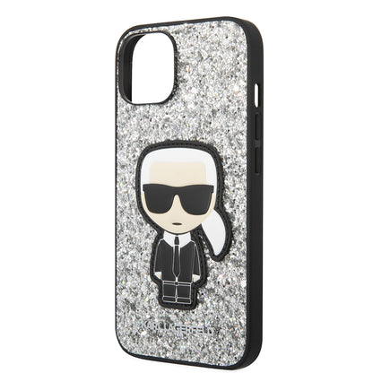 Hoes voor Apple iPhone 14, Karl Lagerfeld, Glitter Flakes Ikonik Karl, Zilverachtig