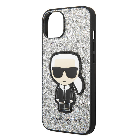 Hoes voor Apple iPhone 14, Karl Lagerfeld, Glitter Flakes Ikonik Karl, Zilverachtig