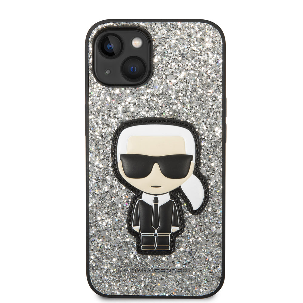Hoes voor Apple iPhone 14, Karl Lagerfeld, Glitter Flakes Ikonik Karl, Zilverachtig