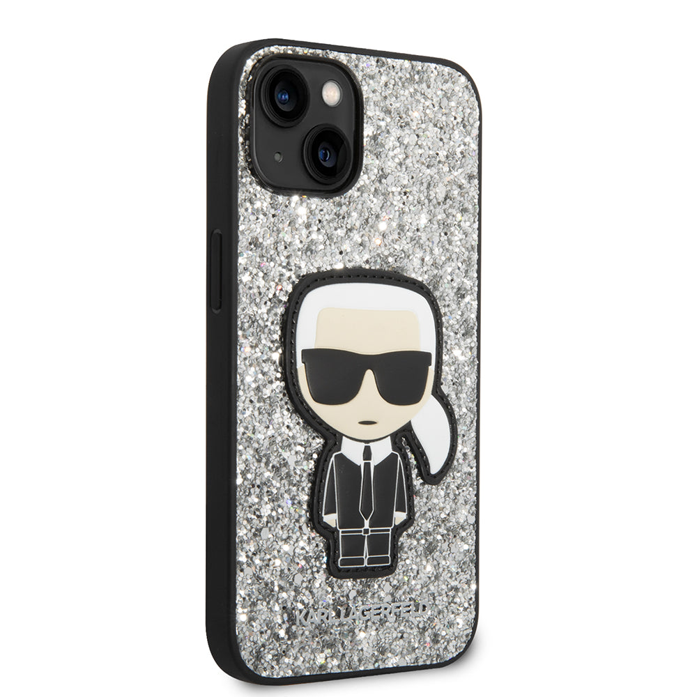 Hoes voor Apple iPhone 14, Karl Lagerfeld, Glitter Flakes Ikonik Karl, Zilverachtig