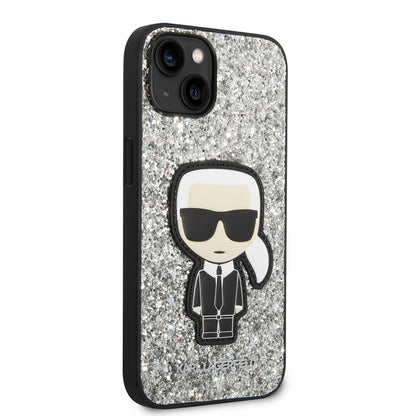 Hoes voor Apple iPhone 14, Karl Lagerfeld, Glitter Flakes Ikonik Karl, Zilverachtig