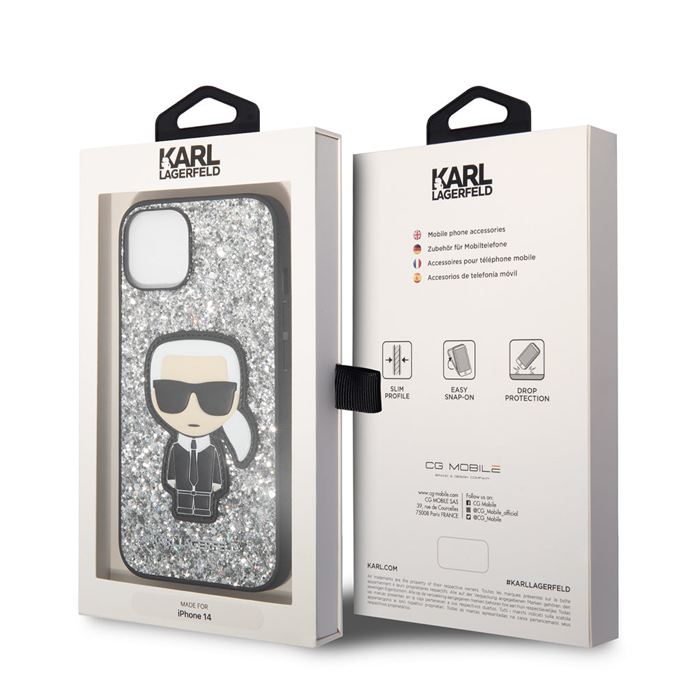 Hoes voor Apple iPhone 14, Karl Lagerfeld, Glitter Flakes Ikonik Karl, Zilverachtig