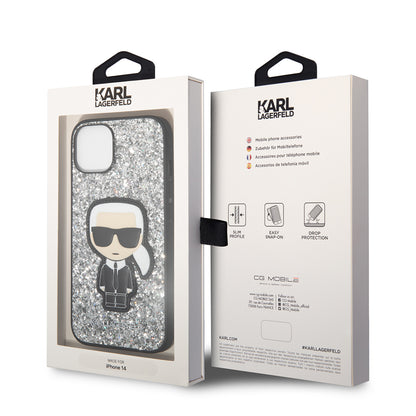 Hoes voor Apple iPhone 14, Karl Lagerfeld, Glitter Flakes Ikonik Karl, Zilverachtig