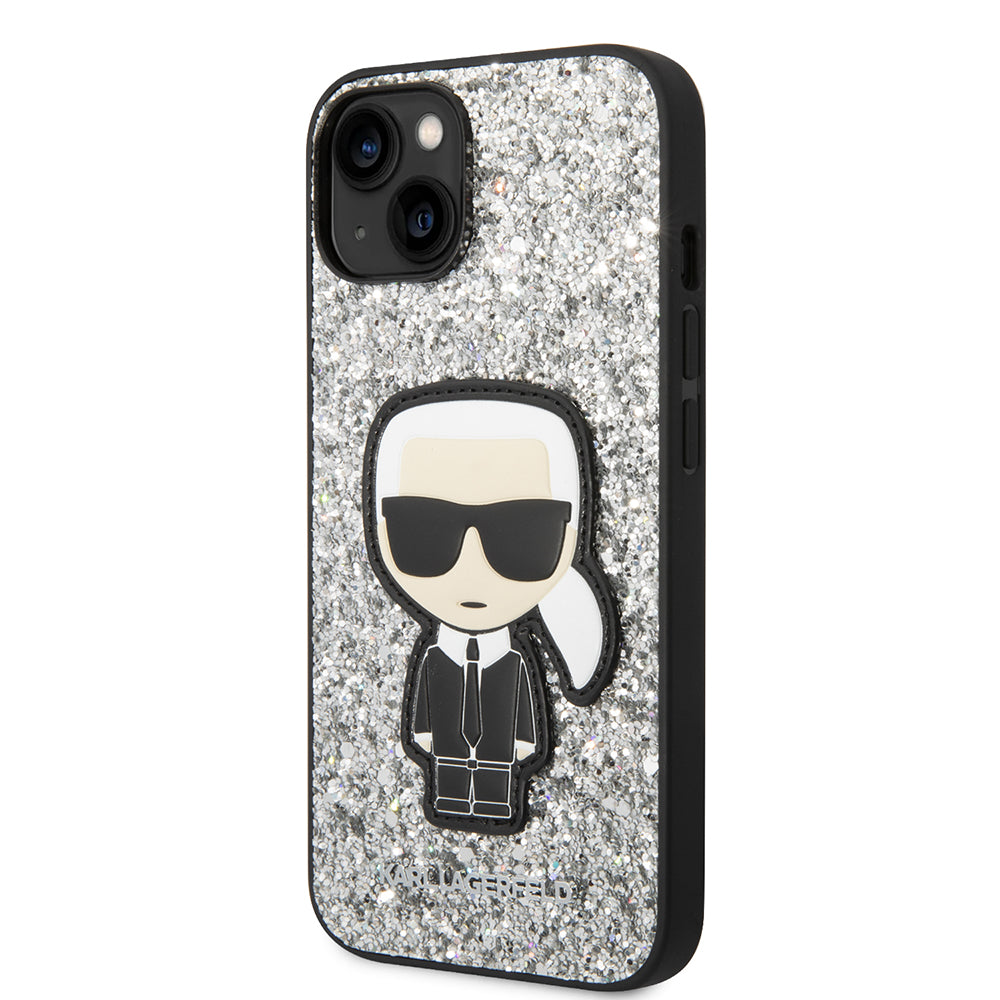 Hoes voor Apple iPhone 14, Karl Lagerfeld, Glitter Flakes Ikonik Karl, Zilverachtig