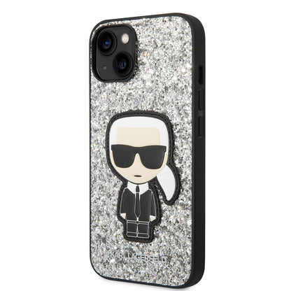 Hoes voor Apple iPhone 14, Karl Lagerfeld, Glitter Flakes Ikonik Karl, Zilverachtig