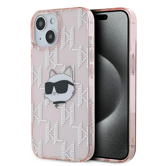 Hoes voor Apple iPhone 14, Karl Lagerfeld, IML Luxury Monogram Choupette's Head, Roze