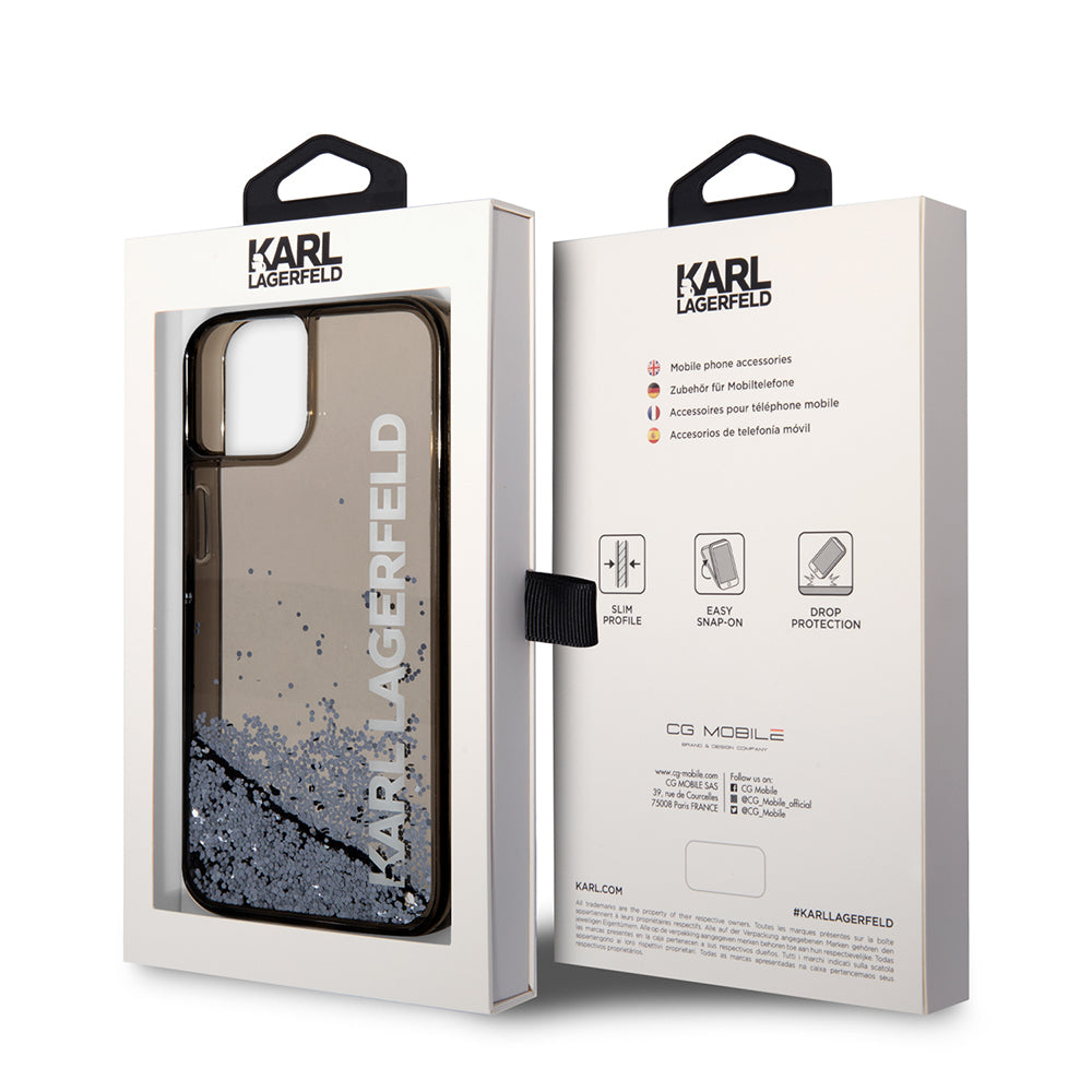 Hoes voor Apple iPhone 14, Karl Lagerfeld, Liquid Glitter KL Logo, Zwart