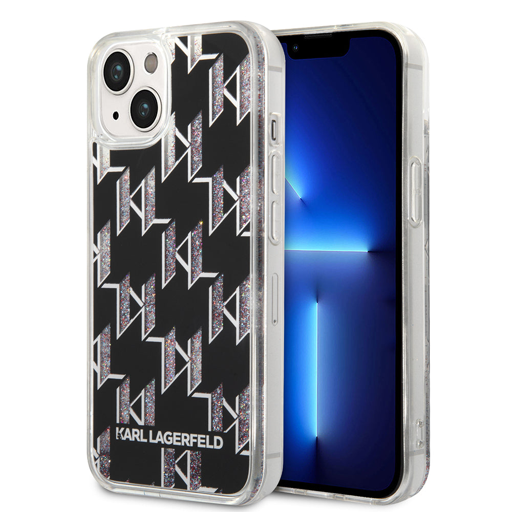 Hoes voor Apple iPhone 14, Karl Lagerfeld, Liquid Glitter Monogram, Zwart