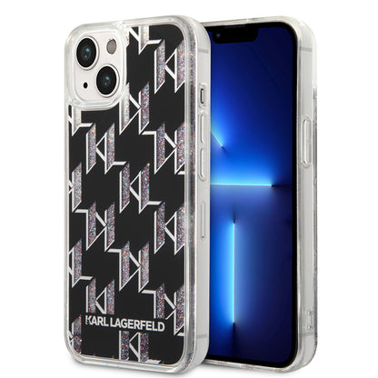 Hoes voor Apple iPhone 14, Karl Lagerfeld, Liquid Glitter Monogram, Zwart