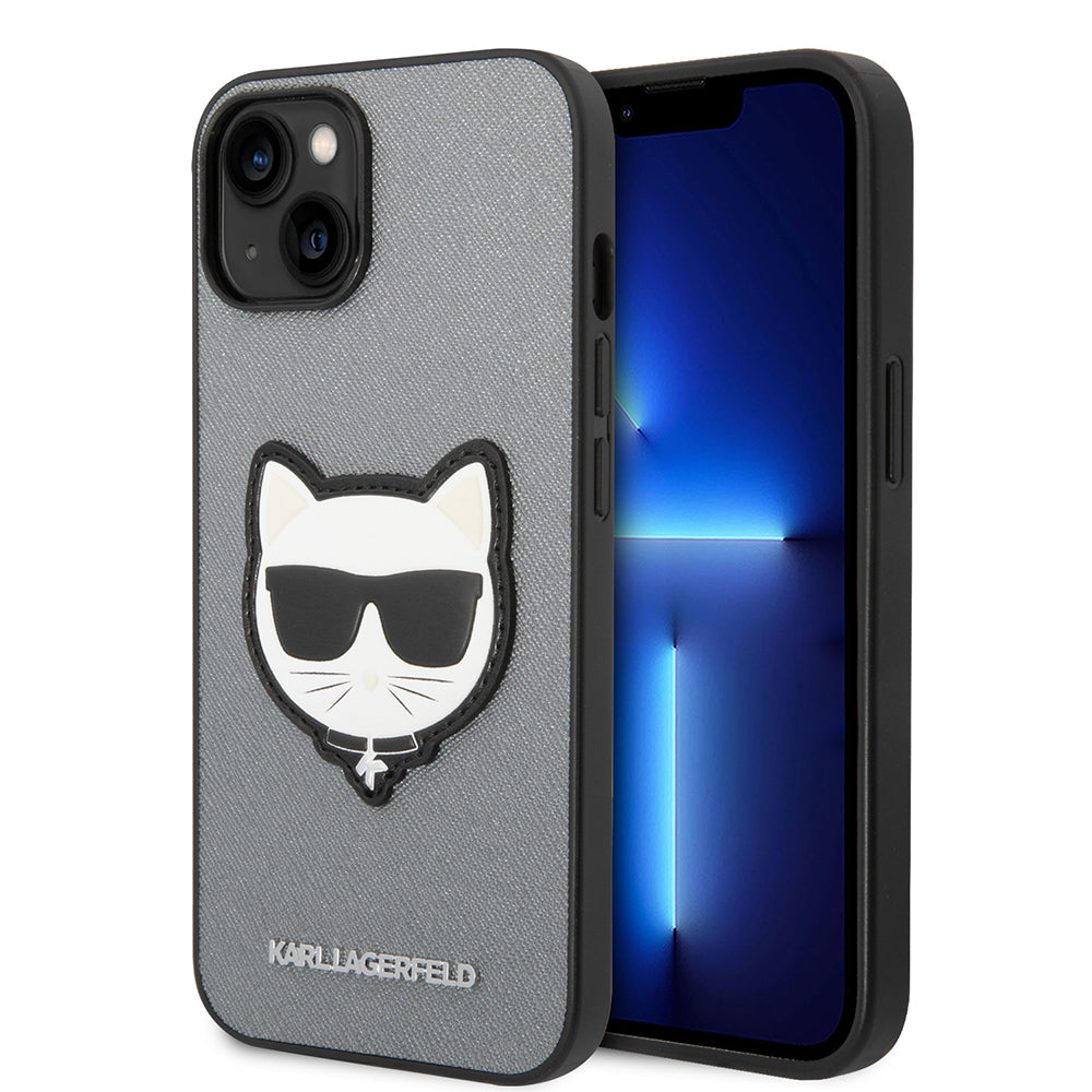 Hoes voor Apple iPhone 14, Karl Lagerfeld, Saffiano Choupette's Head, Zilverkleurig