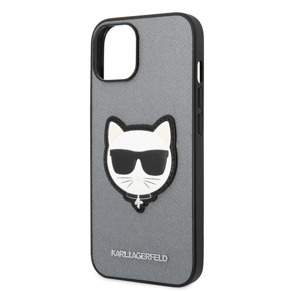 Hoes voor Apple iPhone 14, Karl Lagerfeld, Saffiano Choupette's Head, Zilverkleurig