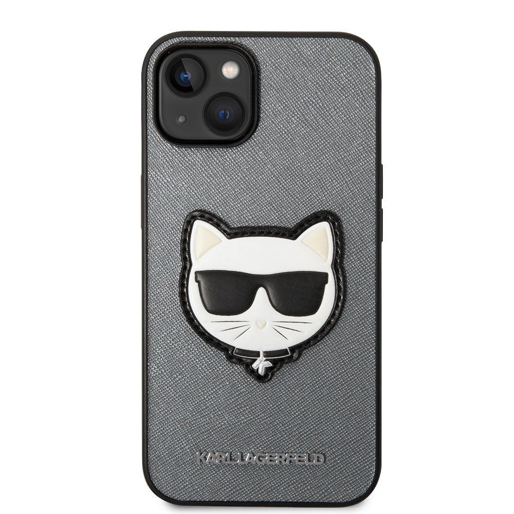 Hoes voor Apple iPhone 14, Karl Lagerfeld, Saffiano Choupette's Head, Zilverkleurig