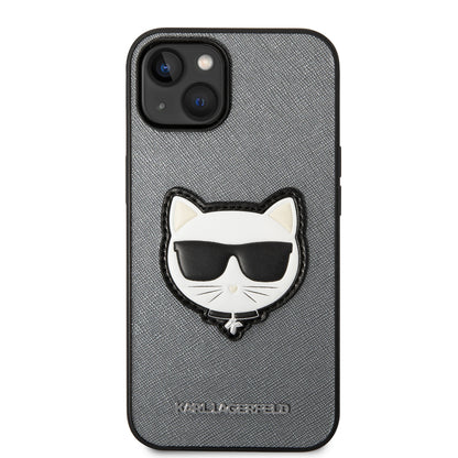 Hoes voor Apple iPhone 14, Karl Lagerfeld, Saffiano Choupette's Head, Zilverkleurig